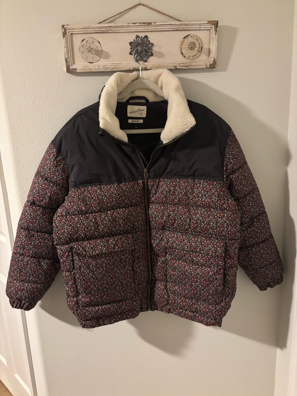 Universal Thread Floral Puffer Jacket with Sherpa Collar - Black & Burgundy